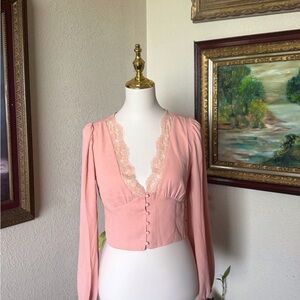 Pink Lace-Trimmed V Neck Blouse